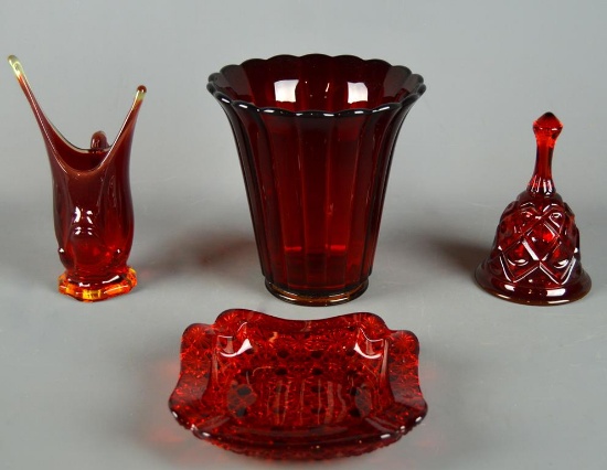 Lot of 4 Vintage Amberina Art Glass Items: 2 Vases, Bell, Nappie Dish