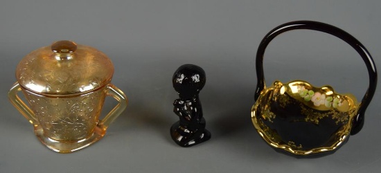Lot of 3 Amber / Black Art Glass Pieces, Jeannette Fenton