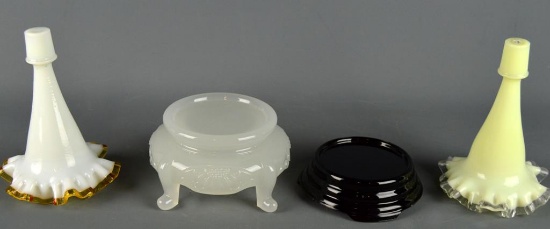 Lot of 4 Fenton Glass Pieces: Two Crest Epergne Horns, Two Glass Bases