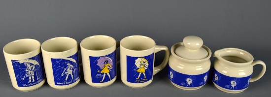 Set of 4 Morton Salt Advertising Coffee Mugs w/ Creamer and Lidded Sugar