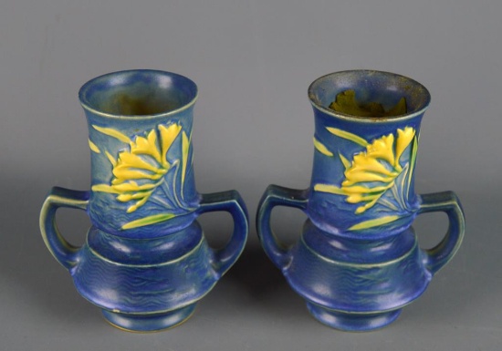 Pair of Vintage Roseville USA “Freesia” Blue 6” Vases, #118-6
