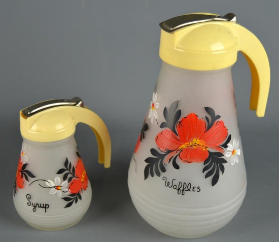 Vintage Handpainted Satin Glass Waffle Mix and Syrup Dispenser