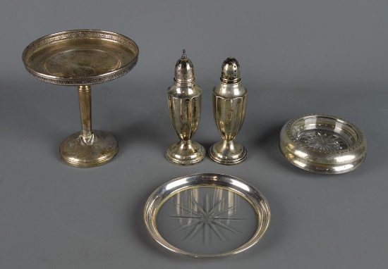 Lot of Sterling Silver Items: Compote, Salt & Pepper, Bottle Coaster, 2 Glass Coasters
