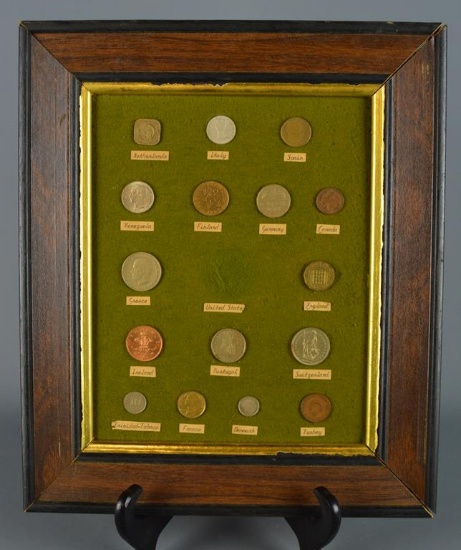 Small Collection of Foreign Coins As Shown, Framed