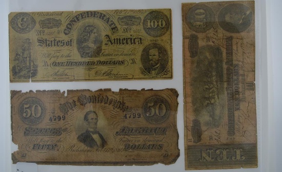 Lot of 3 Confederate Notes: 1864 Series $100, $50 $10 Ad Stamp On Back Of $100