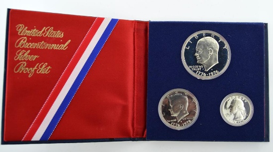 1976S Bicentennial Silver Clad Proof Set: Dollar, Half Dollar Quarter, Mint Packaging