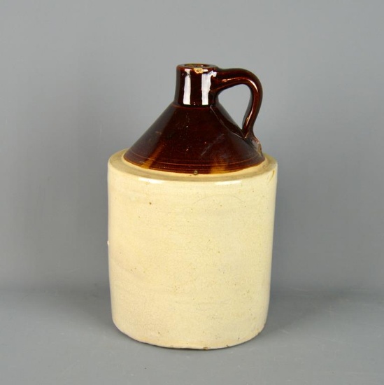 Antique Stoneware Whiskey Jug w/ Handle, Brown Glaze At Top