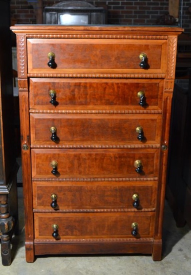 Antique 19th C. Sidelock Six-Drawer Cherry Tall Chest Or Dresser, Glass Top Cover