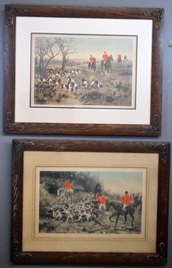 2 English Fox Hunter Prints by Hardy and Blinks In Vintage Oak Frames