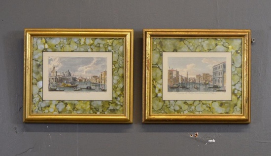 2 Hand Tinted Etchings of Venice, Framed
