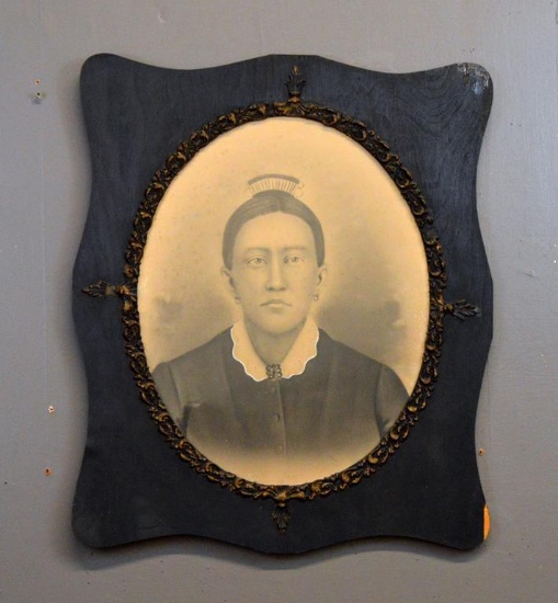Antique Charcoal Hand Drawn Portrait of Woman, Antique Frame