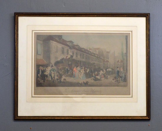 Antique French Art Print “L' Arrivee June Diligence,” Framed