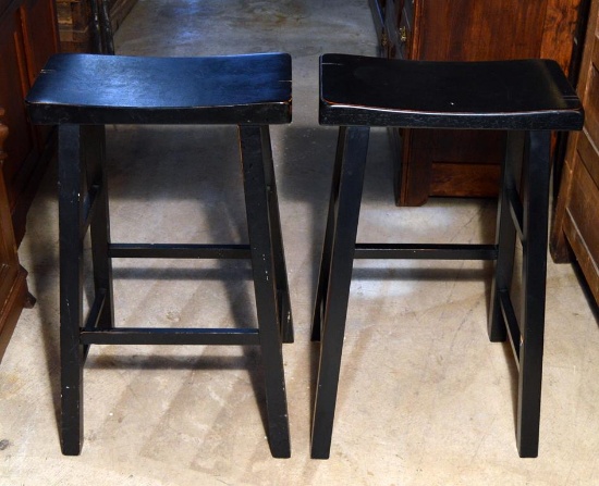 Pair of Black Finish Wooden Saddle Style Barstools