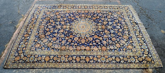 Handknotted Persian Style Wool Carpet, 12.5 x 10 Ft, Blue, Yellow Ochre & Rust