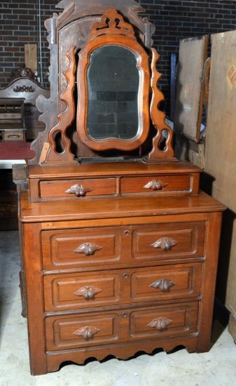 Antique 19th C. Walnut Dresser & Attached Mirror, Carved Pulls