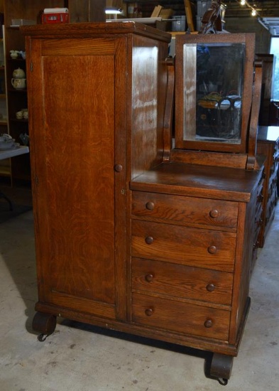 Antique Early 20th C. Empire Style Oak Gentlemen s Dresser, Caster Feet