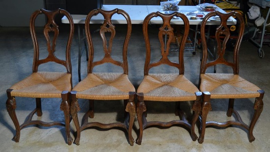 Set of Four Vintage 20th C. Rush Seat Walnut Dining Chairs