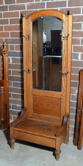 Antique 20th C. Oak Hall Tree, Beveled Glass, Marsh Furniture Co.