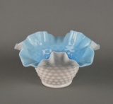 Fenton Milk/Blue Overlay Hobnail Ruffled Bowl or Vase