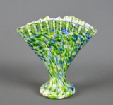 Vintage Fenton “Vasa Murrhina” Green Aventurine, White, and Blue Glass Fan Vase