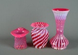 Lot of 3 Vtg Fenton Cranberry Opalescent Swirl Spiral Optic Items: Hat Vase, Shoulder Vase, Tall Vas