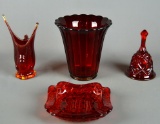 Lot of 4 Vintage Amberina Art Glass Items: 2 Vases, Bell, Nappie Dish
