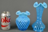 Two Vintage Fenton Blue Opalescent Items: Hobnail Vase & Spiral Optic Vase