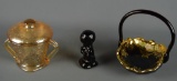 Lot of 3 Amber / Black Art Glass Pieces, Jeannette Fenton