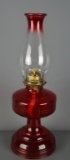 Ruby Glass Oil Lamp, 18” H