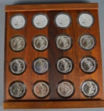 Lot of 16 Circulated Morgan Silver Dollars, Dates / Mints As Shown w/ Walnut Display Case
