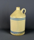 Antique Stoneware Salt Glazed Whiskey Jug w/ 4 Cobalt Blue Stripes