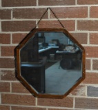 Vintage Octagonal Wooden Frame Wall Mirror, Beveled Glass