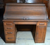 Antique 20th C. Oak Roll Top Desk w/ Side Storage Space