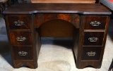 Vintage Knee Hole Desk, Six Drawers, Burled Wood Front