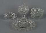 Lot of Fostoria American Items: Covered Candy Dish, Small Tray, Handled Nappie, 2 Small Bowls