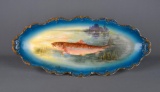Large 24-Inch-Long Antique Porcelain Limoges Handpainted Fish Tray, Blue Border