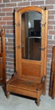 Antique 20th C. Oak Hall Tree, Beveled Glass, Marsh Furniture Co.