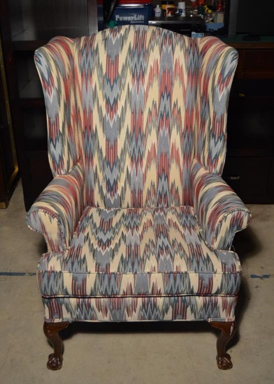 Chippendale Style Wing Chair By Carolina Custom Furniture, Ball & Claw Feet, Geometric Upholstery