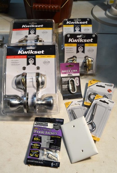 Lot of 3 Kwikset Doorknob Sets, 3 Deadbolt Sets, and Misc. Hardware, All New in Packages-Unopened