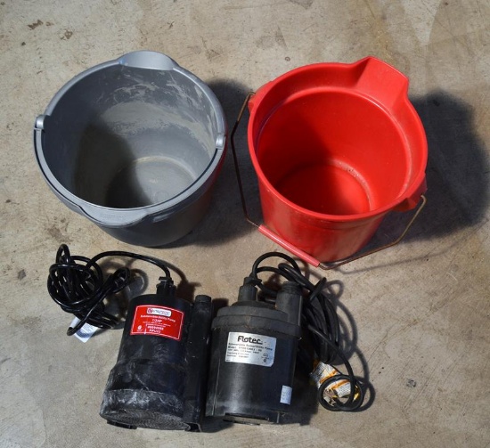 Lot of 2 Submersible Utility Pumps & Plastic Buckets