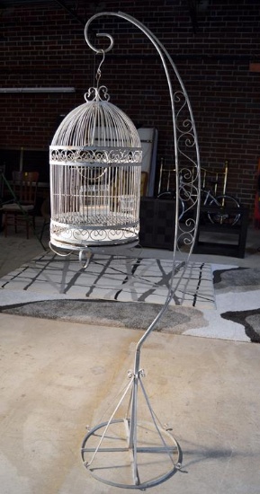 Vintage White Metal Bird Cage and Stand