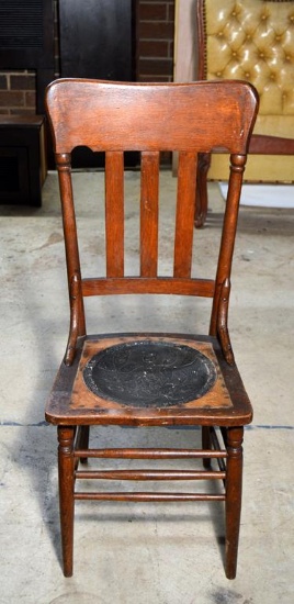 Antique Oak Side Chair, Old Leather Seat Vent