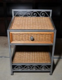 Wicker and Brushed Metal Nightstand Or Side Table, One Central Drawer