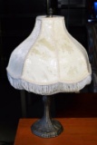 Contemporary Metal Base Bronzed Finish Boudoir Lamp, Ivory Silk Damask Shade