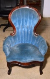 Antique Victorian Mahogany Parlor Chair, Blue Plush Upholstery