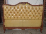 Carved Cherry Full Size Bed, Tufted Yellow Ochre/Tan Leather Headboard, Fenton Full Mattress/Spring