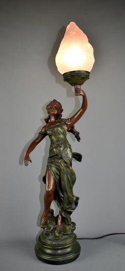 Classical Figural Electric Lamp, Bronzed Finish Metal, 32” H, Based On August Moreau Femme Champetre