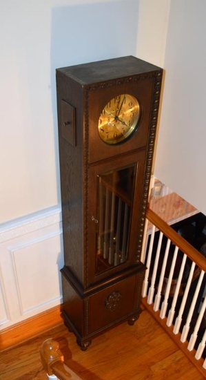 Antique Badische Uhrenfabrik A G German Grandfather Clock, Dark Fumed Oak Case, Early 20th C.