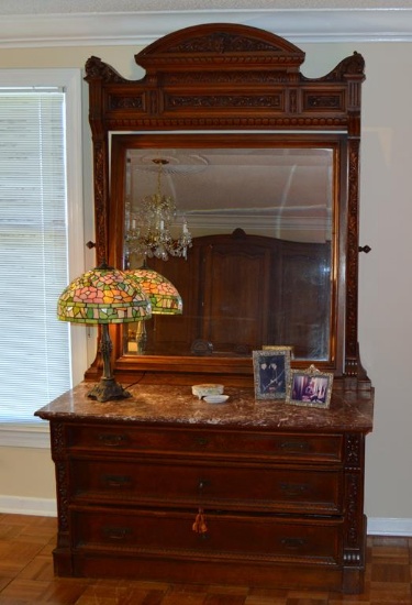 Antique Hand Made Renaiss. Rev. Red Marble Top Carved & Burled Walnut Dresser, Mirror, Mid 19th C.