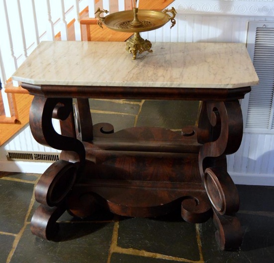 Stately Antique Revival Style Marble Top Rosewood Pier Table, Mirrored Back, Mid 19th C.